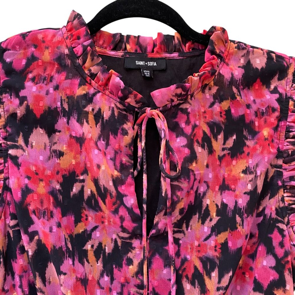 Saint + Sophia Floral Tiered Midi Dress Pink Black Sleeveless Pockets Feminine-6 - Picture 5 of 14